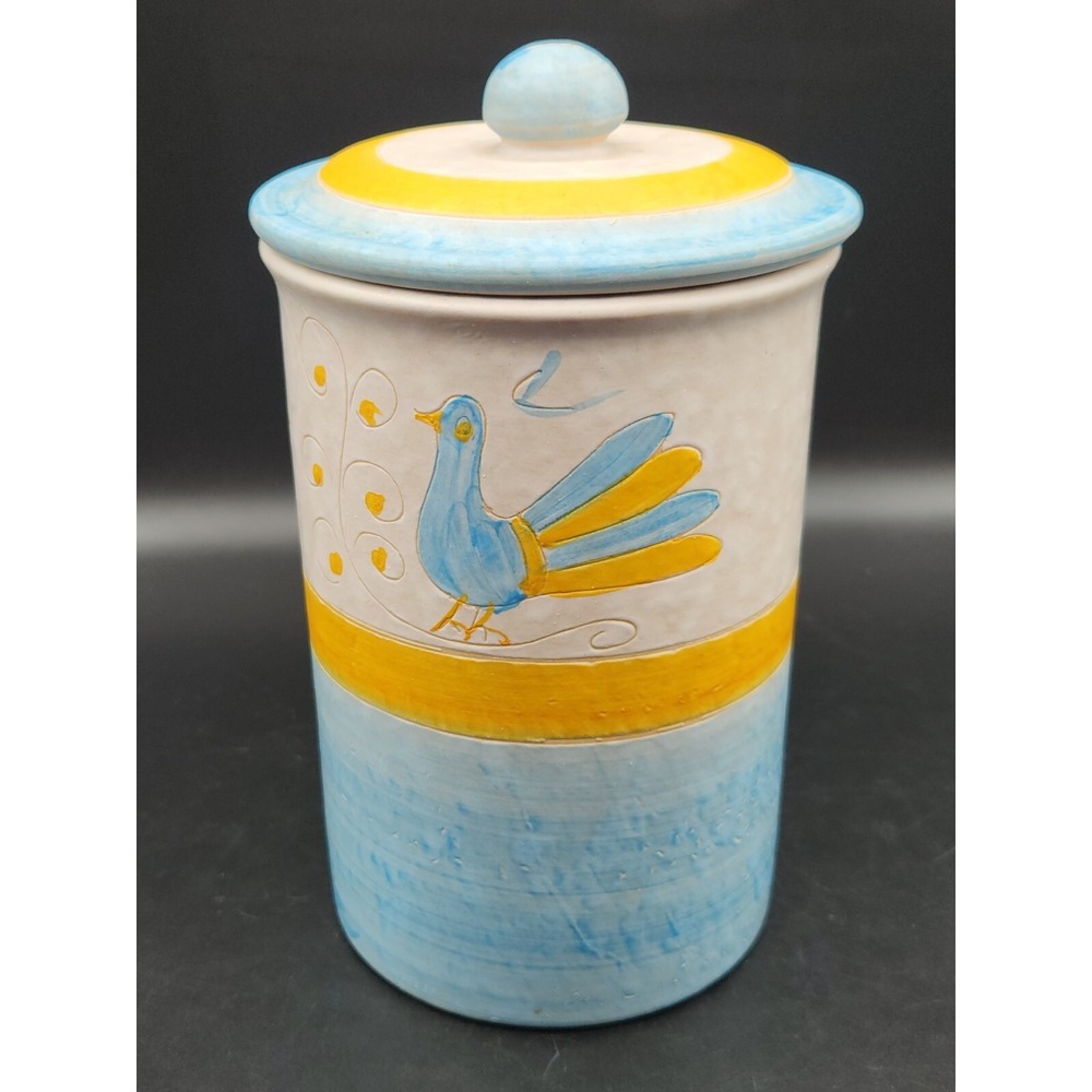 Pottery Canister With Lid Bird Design Yellow And Blue Cylinder